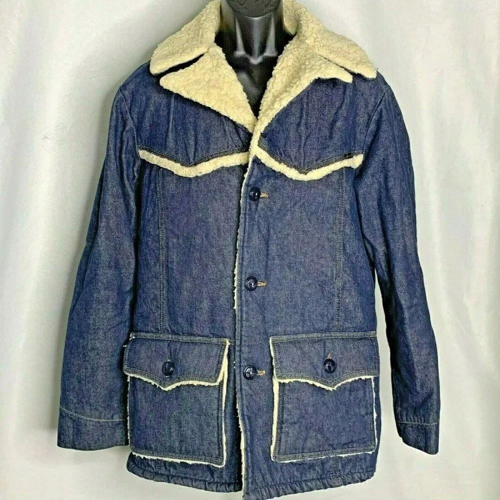 Vtg 60s Sears Denim Ranch Jean Jacket 42T Sherpa